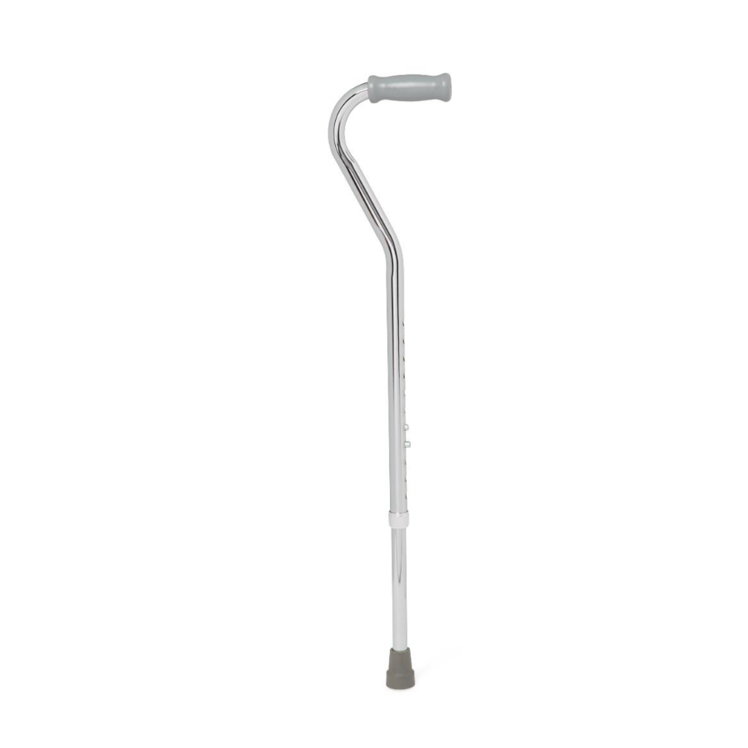 The Medline Offset Handle Bariatric Cane - 500 lb Cap is a silver metal walking cane with a gray offset handle and rubber tip, designed for bariatric users to provide support and stability with a high weight capacity for enhanced safety.
